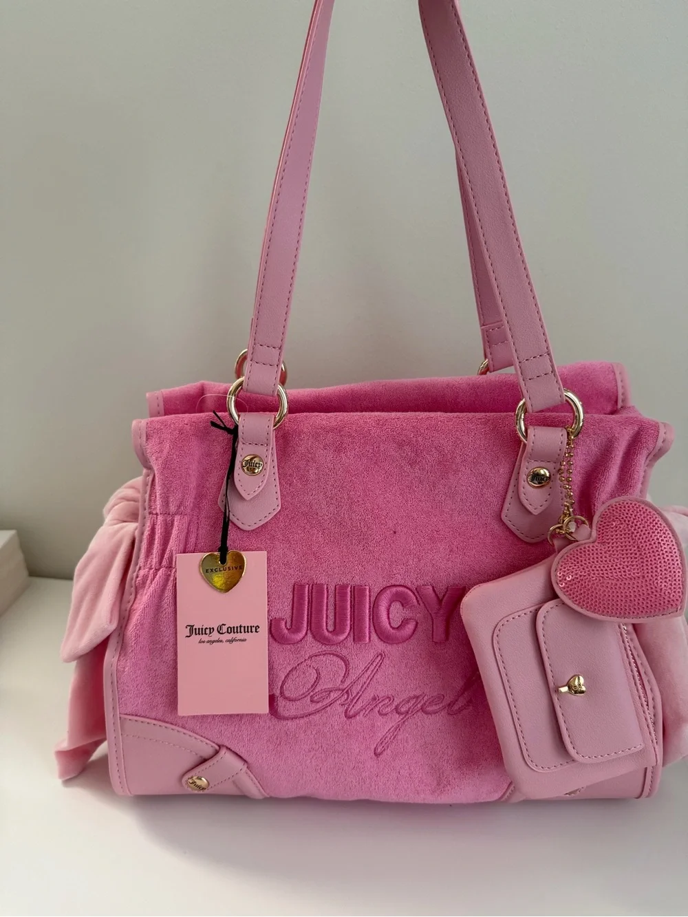 Juicy Couture Pink Suede 'Juicy Angel' Shoulder Bag with Heart Charm